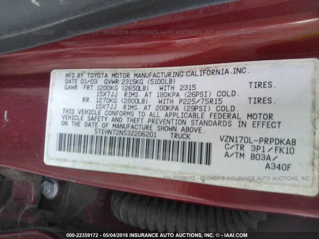 5TEHN72N53Z206201 - 2003 TOYOTA TACOMA DOUBLE CAB RED photo 9