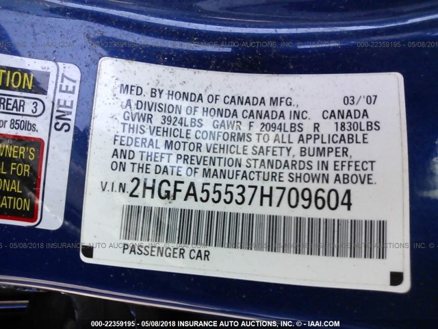 2HGFA55537H709604 - 2007 HONDA CIVIC SI BLUE photo 9