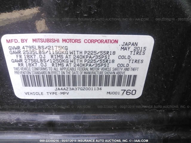 JA4AZ3A37GZ001134 - 2016 MITSUBISHI OUTLANDER SE/SEL BLACK photo 9