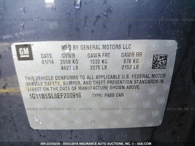 1G11B5SL8EF200916 - 2014 CHEVROLET MALIBU LS ლურჯი ფოტო 9