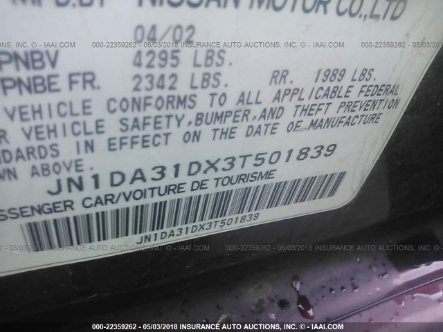 JN1DA31DX3T501839 - 2003 NISSAN MAXIMA GLE/GXE/SE BURGUNDY photo 9