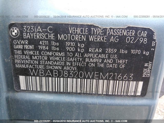 WBABJ8320WEM21663 - 1998 BMW 323 IC AUTOMATIC GREEN photo 9