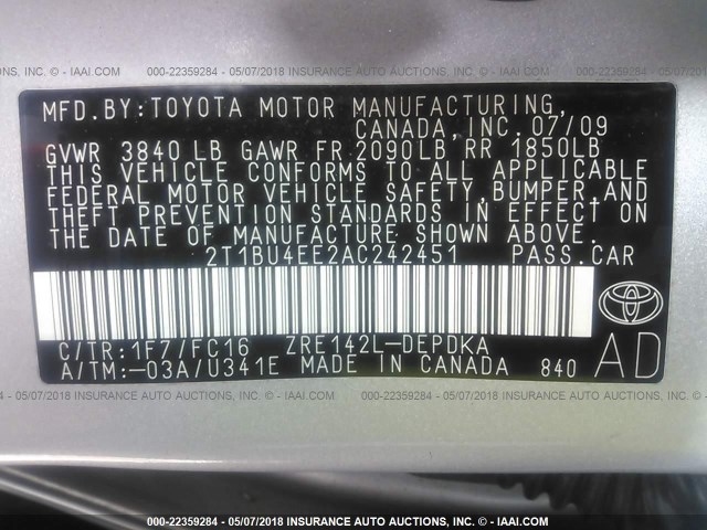 2T1BU4EE2AC242451 - 2010 TOYOTA COROLLA S/LE/XLE SILVER photo 9