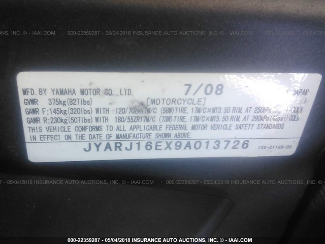 JYARJ16EX9A013726 - 2009 YAMAHA YZFR6 BLACK photo 10