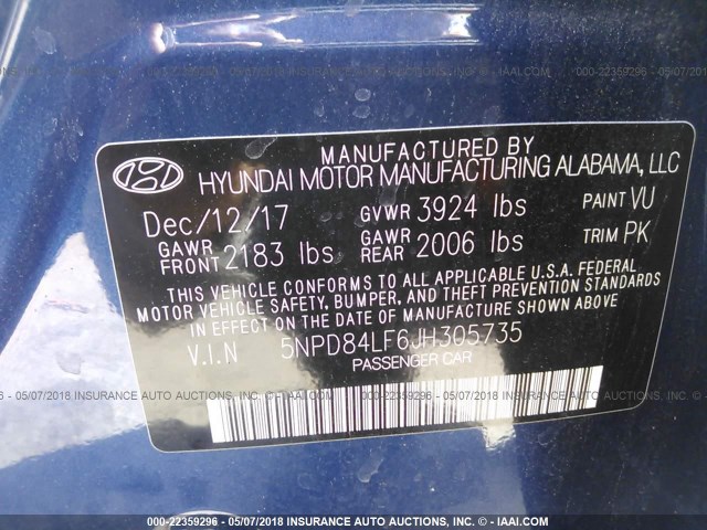 5NPD84LF6JH305735 - 2018 HYUNDAI ELANTRA SEL/VALUE/LIMITED BLUE photo 9