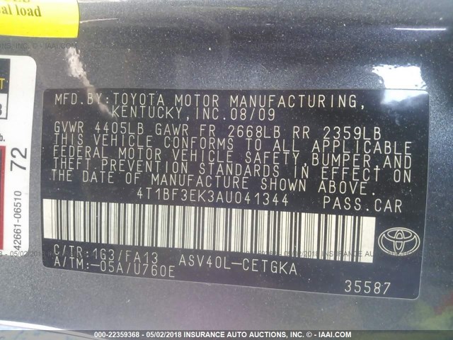 4T1BF3EK3AU041344 - 2010 TOYOTA CAMRY SE/LE/XLE GRAY photo 9