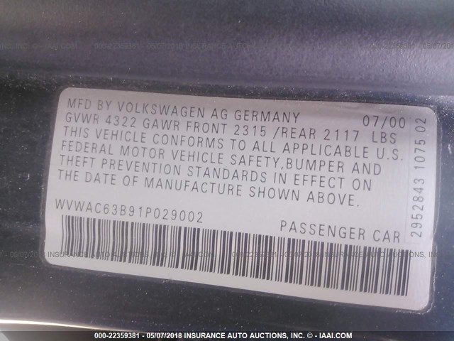 WVWAC63B91P029002 - 2001 VOLKSWAGEN PASSAT GLS BLUE photo 9