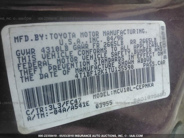 4T1BF12K1TU135590 - 1996 TOYOTA CAMRY LE/XLE/SE 栗色 照片 9