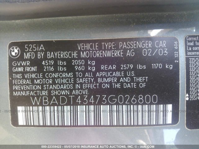 WBADT43473G026800 - 2003 BMW 525 I AUTOMATIC TEAL photo 9