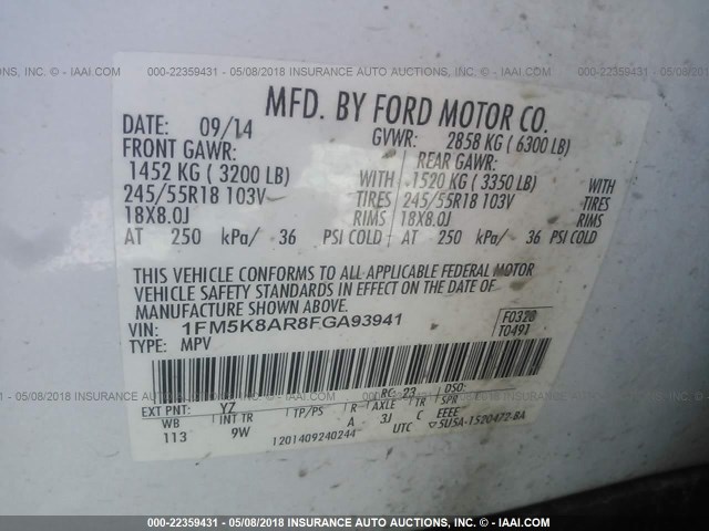 1FM5K8AR8FGA93941 - 2015 FORD EXPLORER POLICE INTERCEPTOR WHITE photo 9