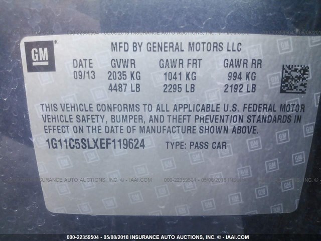 1G11C5SLXEF119624 - 2014 CHEVROLET MALIBU 1LT 蓝色 照片 9