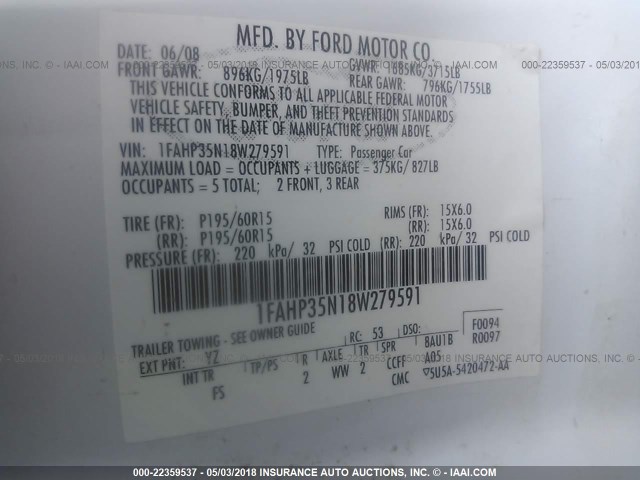 1FAHP35N18W279591 - 2008 FORD FOCUS SE/SEL/SES WHITE photo 9