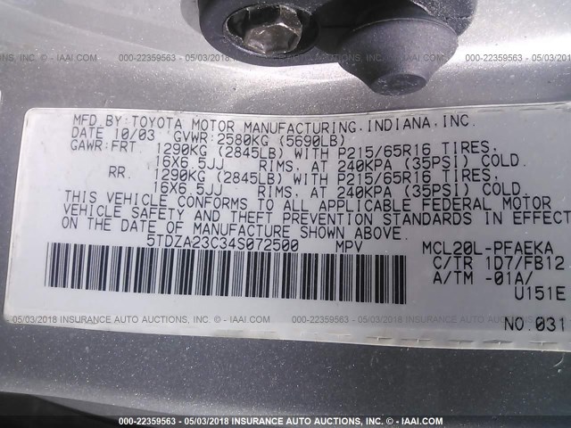 5TDZA23C34S072500 - 2004 TOYOTA SIENNA CE/LE SILVER photo 9