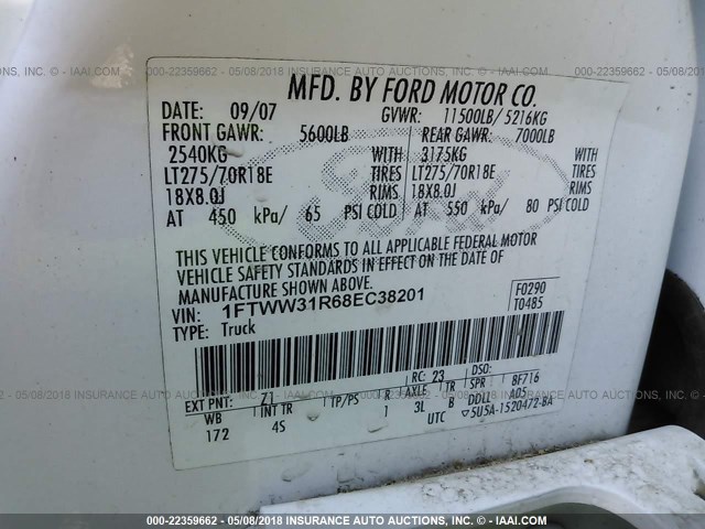 1FTWW31R68EC38201 - 2008 FORD F350 SRW SUPER DUTY WHITE photo 10