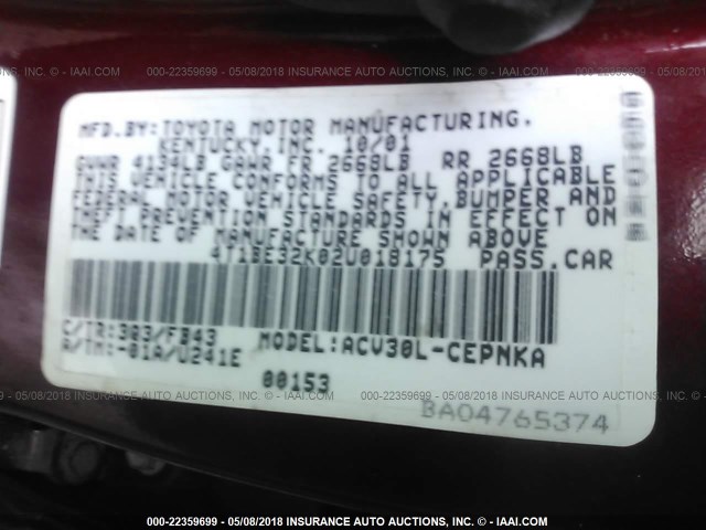 4T1BE32K02U018175 - 2002 TOYOTA CAMRY LE/XLE/SE ბურგუნდია ფოტო 9