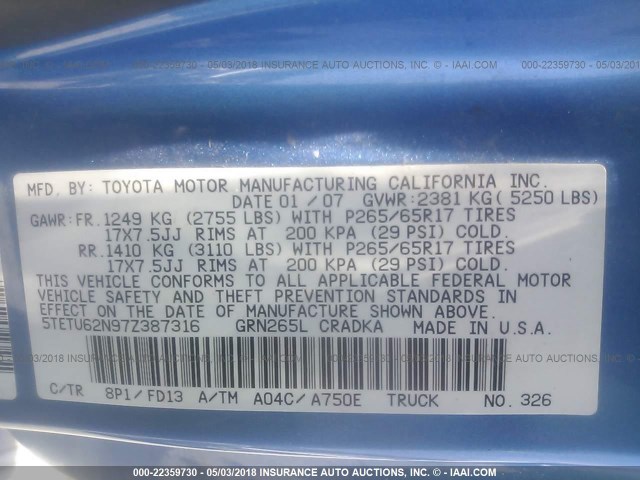 5TETU62N97Z387316 - 2007 TOYOTA TACOMA PRERUNNER ACCESS CAB BLUE photo 9