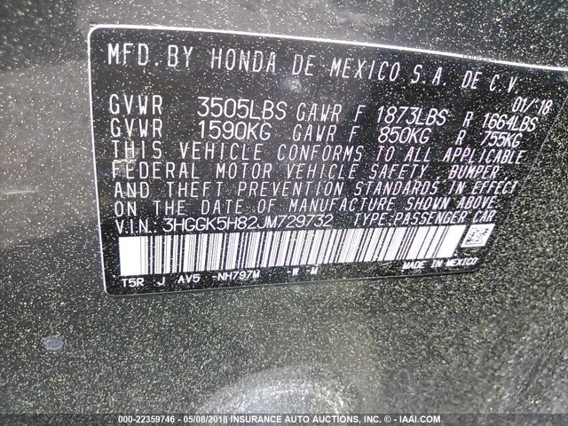 3HGGK5H82JM729732 - 2018 HONDA FIT EX/EXL GRAY photo 9