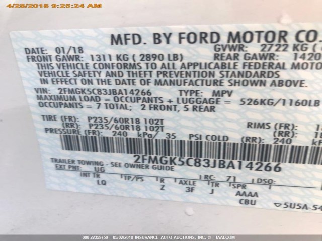 2FMGK5C83JBA14266 - 2018 FORD FLEX SEL Ağ foto 6