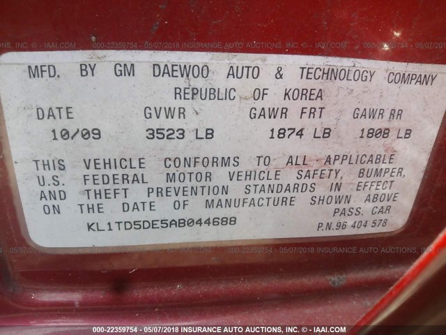 KL1TD5DE5AB044688 - 2010 CHEVROLET AVEO LS/LT 红色 照片 9