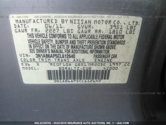 3N1AB6AP5CL612640 - 2012 NISSAN SENTRA 2.0/2.0S/SR/2.0SL GRAY photo 9