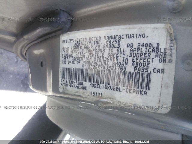 4T1BG22K7WU321769 - 1998 TOYOTA CAMRY CE/LE/XLE 灰色 照片 9