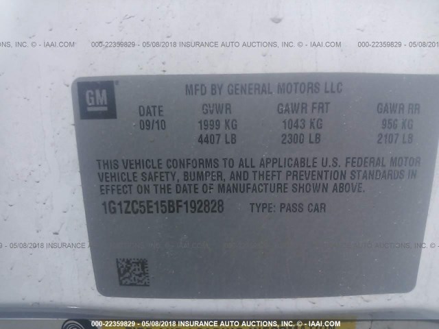 1G1ZC5E15BF192828 - 2011 CHEVROLET MALIBU 1LT 白色 照片 9