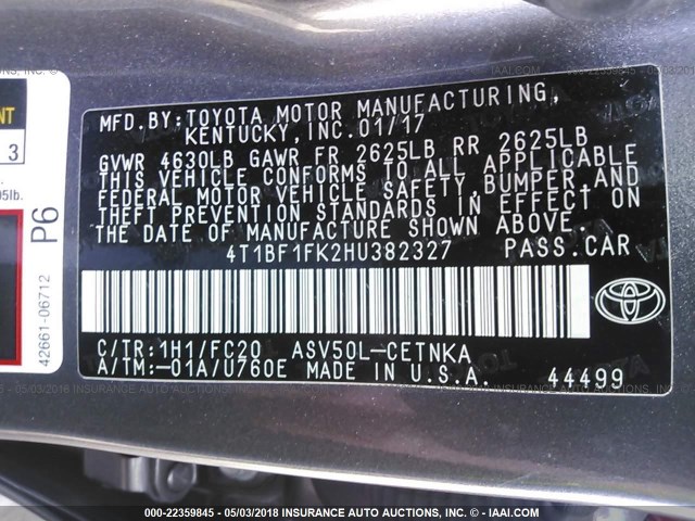 4T1BF1FK2HU382327 - 2017 TOYOTA CAMRY LE/XLE/SE/XSE GRAY photo 9