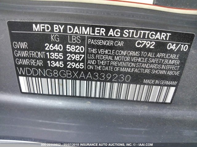 WDDNG8GBXAA339230 - 2010 MERCEDES-BENZ S 550 4MATIC GRAY photo 9