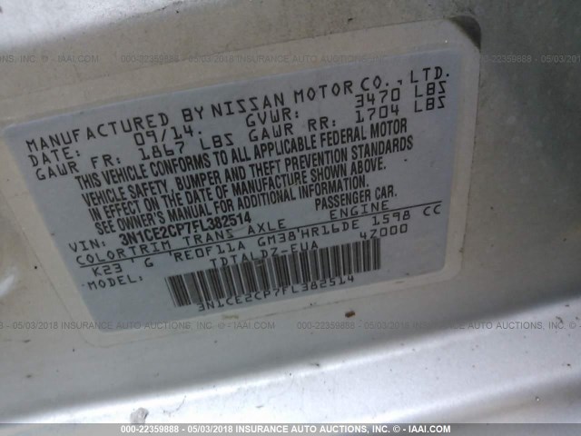3N1CE2CP7FL382514 - 2015 NISSAN VERSA NOTE S/S PLUS/SV/SL/SR SILVER photo 9