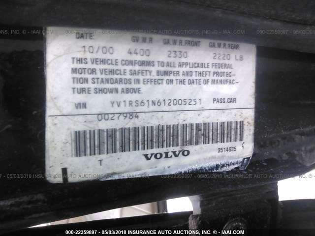 YV1RS61N612005251 - 2001 VOLVO S60 BLACK photo 9