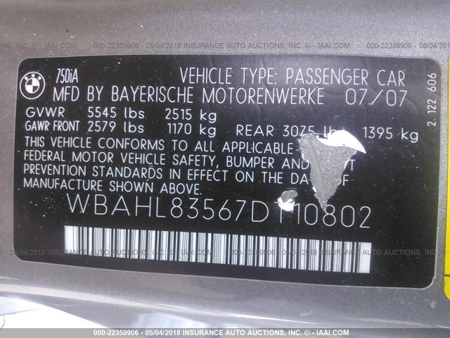 WBAHL83567DT10802 - 2007 BMW 750 I GRAY photo 9