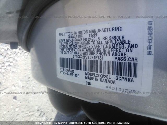 2T1CG22P7YC315734 - 2000 TOYOTA CAMRY SOLARA SE SILVER photo 9