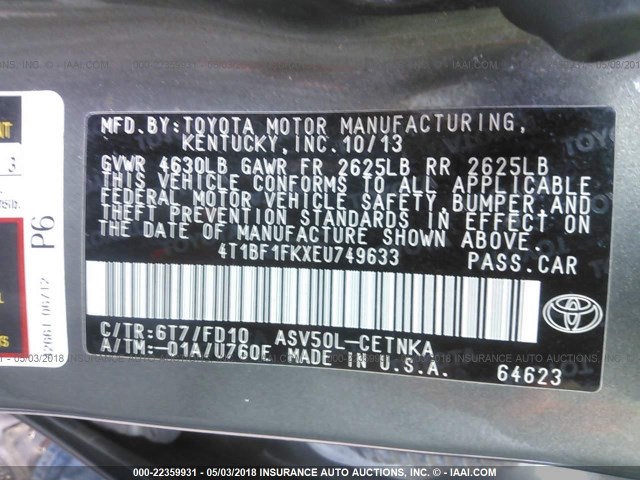 4T1BF1FKXEU749633 - 2014 TOYOTA CAMRY L/SE/LE/XLE 灰色 照片 9