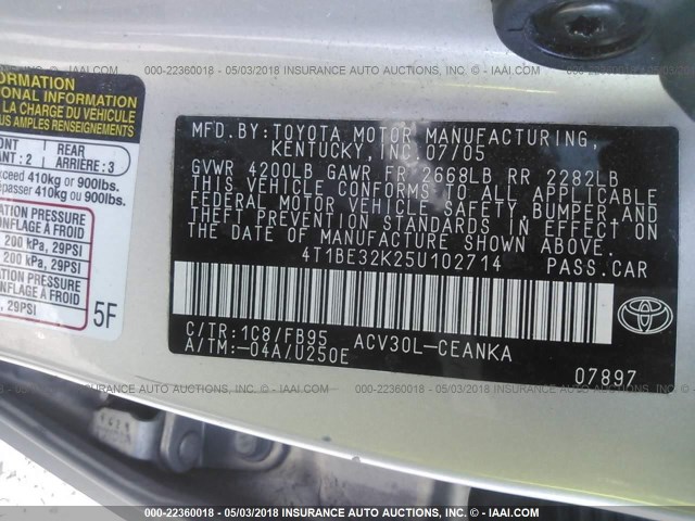 4T1BE32K25U102714 - 2005 TOYOTA CAMRY LE/XLE/SE ვერცხლისფერი ფოტო 9