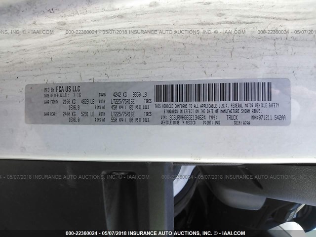 3C6URVHG6GE134624 - 2016 RAM PROMASTER 3500 3500 HIGH WHITE photo 9