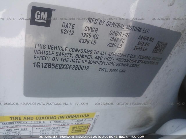 1G1ZB5E0XCF280012 - 2012 CHEVROLET MALIBU LS WHITE photo 9