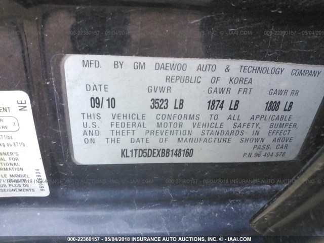 KL1TD5DEXBB148160 - 2011 CHEVROLET AVEO LS/LT 黑色 照片 9