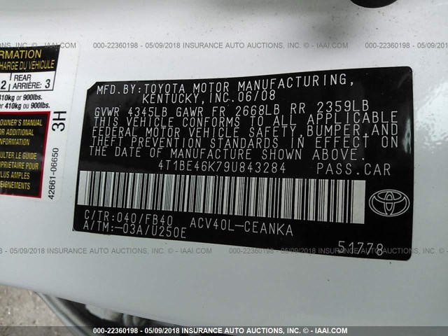 4T1BE46K79U843284 - 2009 TOYOTA CAMRY SE/LE/XLE WHITE photo 9