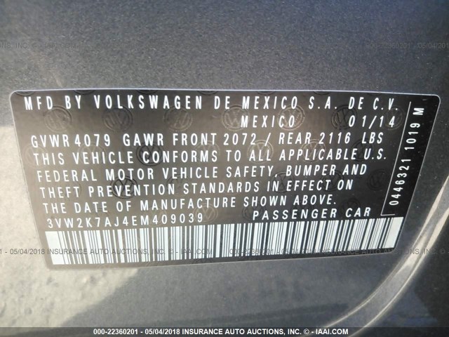 3VW2K7AJ4EM409039 - 2014 VOLKSWAGEN JETTA S GRAY photo 9