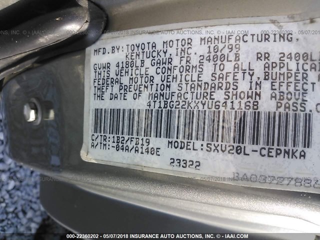 4T1BG22KXYU641168 - 2000 TOYOTA CAMRY CE/LE/XLE 棕色 照片 9