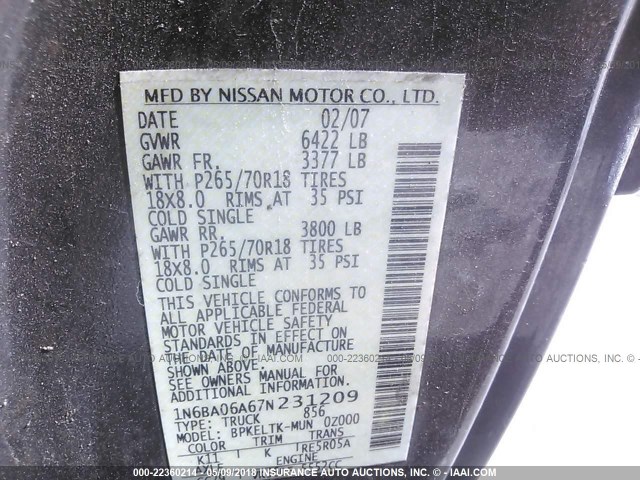 1N6BA06A67N231209 - 2007 NISSAN TITAN XE/SE/LE GRAY photo 9