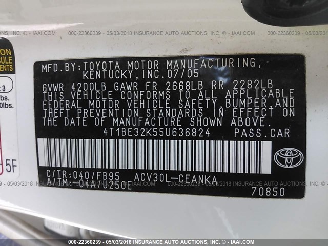 4T1BE32K55U636824 - 2005 TOYOTA CAMRY LE/XLE/SE WHITE photo 9