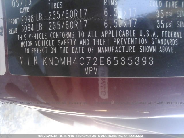 KNDMH4C72E6535393 - 2014 KIA SEDONA EX MAROON photo 9