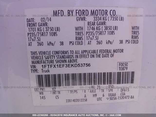 1FTFX1EF3EKD53756 - 2014 FORD F150 SUPER CAB WHITE photo 9