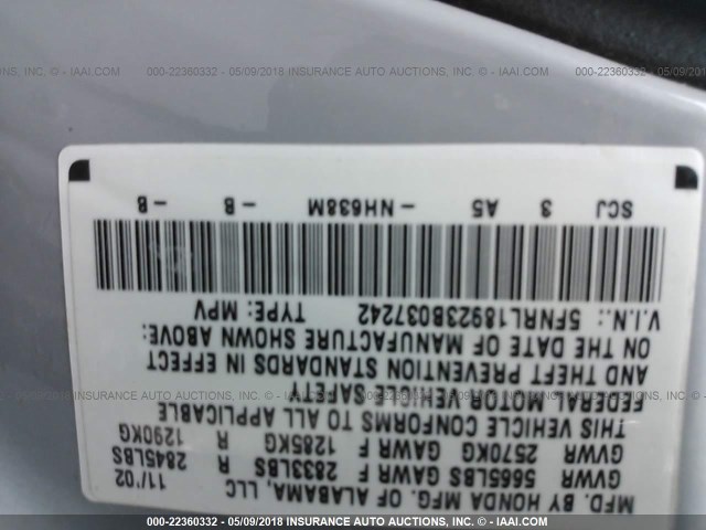 5FNRL18923B037242 - 2003 HONDA ODYSSEY EXL ვერცხლისფერი ფოტო 9