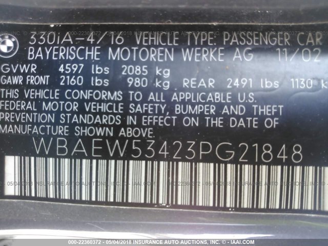 WBAEW53423PG21848 - 2003 BMW 330 XI GRAY photo 9