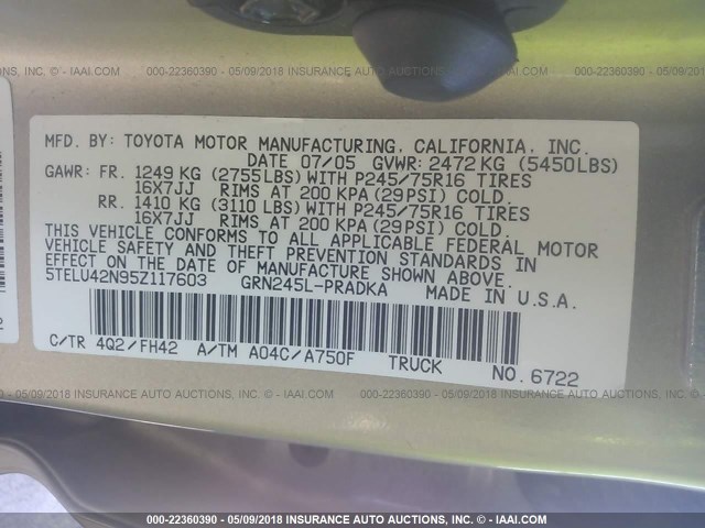 5TELU42N95Z117603 - 2005 TOYOTA TACOMA DOUBLE CAB 棕色 照片 9