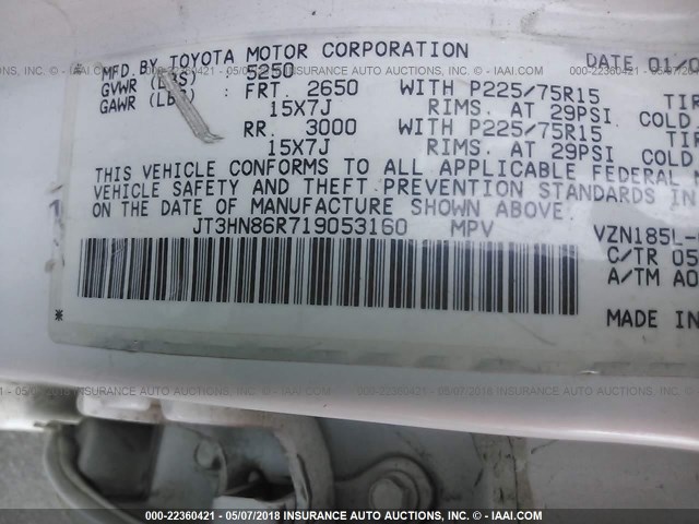 JT3HN86R719053160 - 2001 TOYOTA 4RUNNER SR5 WHITE photo 9