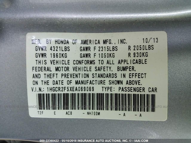 1HGCR2F5XEA069069 - 2014 HONDA ACCORD SPORT Күміс фото 9