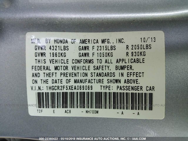 1HGCR2F5XEA069069 - 2014 HONDA ACCORD SPORT SILVER photo 9